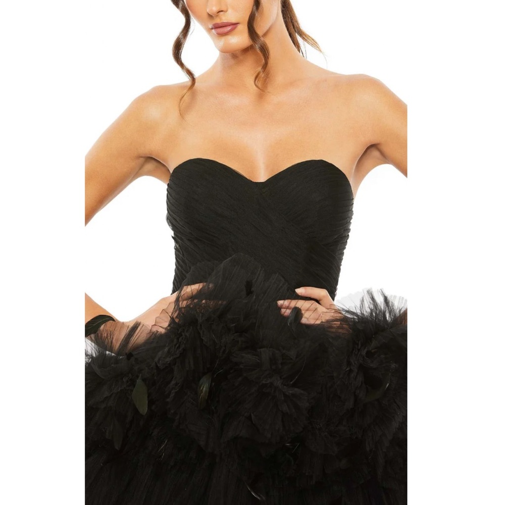 Mac Duggal Black Strapless Tulle Gown with Feather Detail - Picture 11 of 16